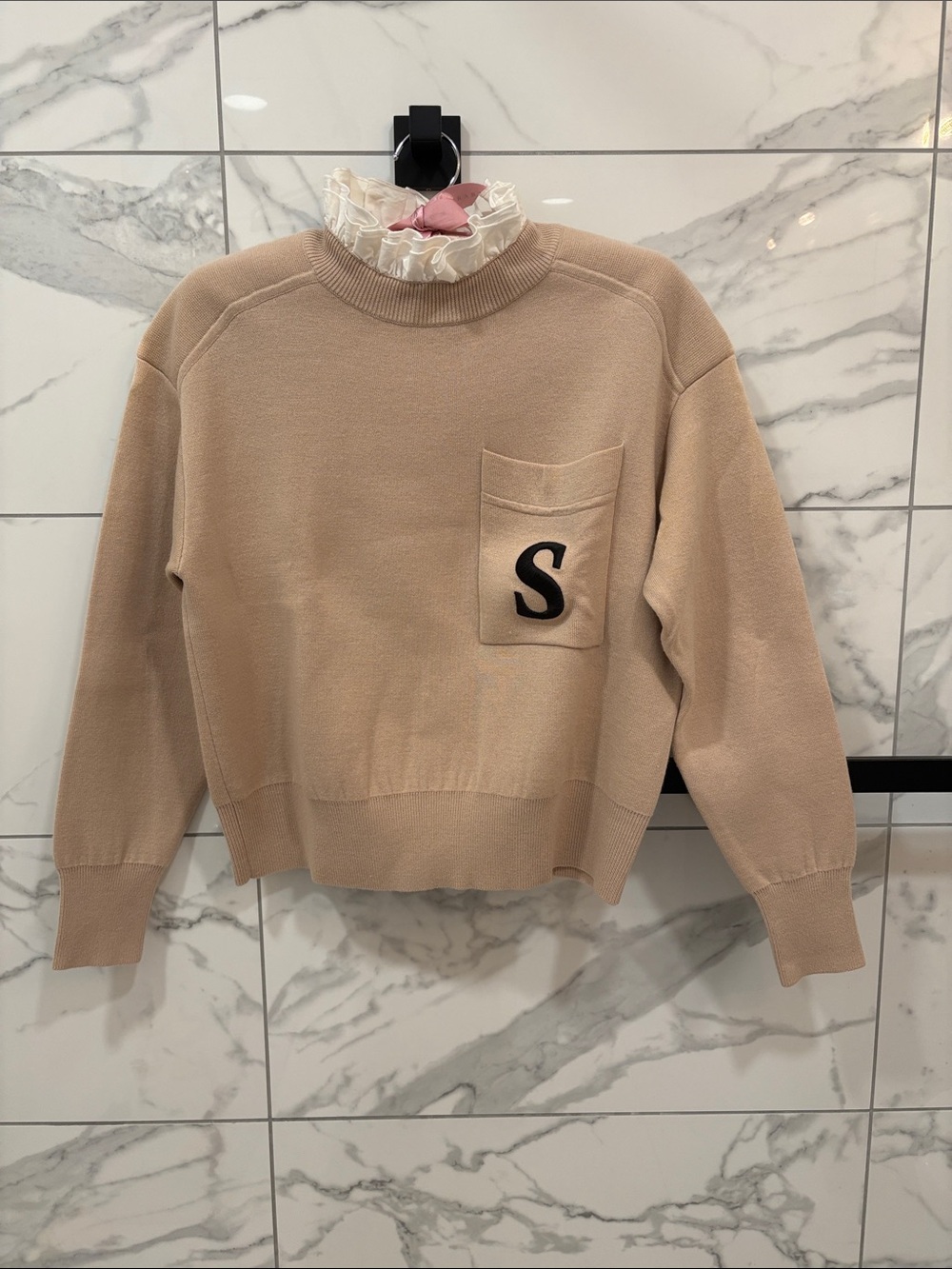 Sandro Beige Wool and Silk Crewneck Sweater with Pocket 'S' Detail Size 1